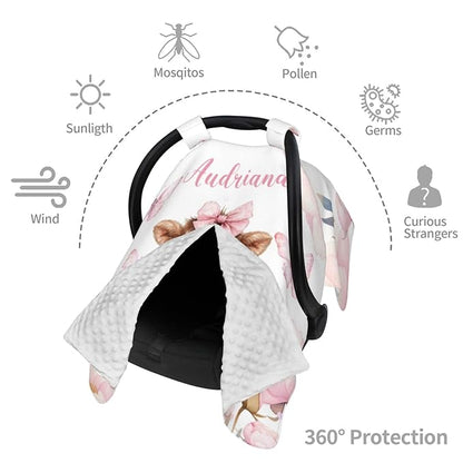 Personalized Baby Car Seat Canopy with Name – Custom Highland Cow Pink Minky Nursing Cover for Girls, Soft Stroller Cover for Infants & Newborns, Carseat Canopy for Breastfeeding