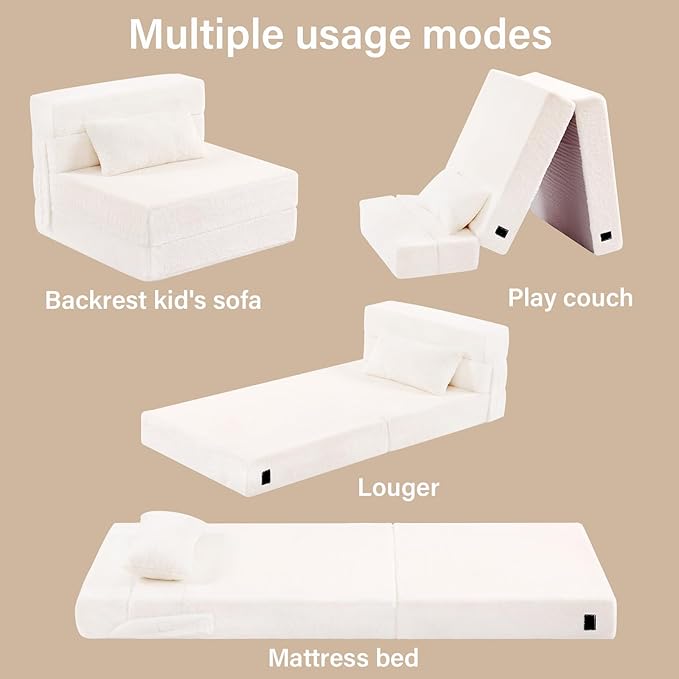 Folding Sofa Bed Beige Floor Mattress for Kids with Pillow, Toddler Washable Folded Floor Nap Mat Futon, Child Fold Up Sofa Folding Chair Bed with Storage Bag for Girls and Boys