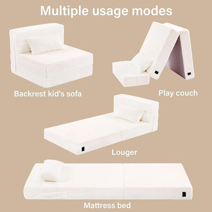 Folding Sofa Bed Beige Floor Mattress for Kids with Pillow, Toddler Washable Folded Floor Nap Mat Futon, Child Fold Up Sofa Folding Chair Bed with Storage Bag for Girls and Boys