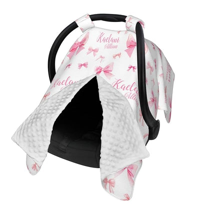 Personalized Baby Car Seat Canopy for Babies, Custom Name Pink Bow Baby Car Seat Covers for Girls, Opening Minky Nursing Breastfeeding Cover for Infant, Carseat Canopies for Newborn