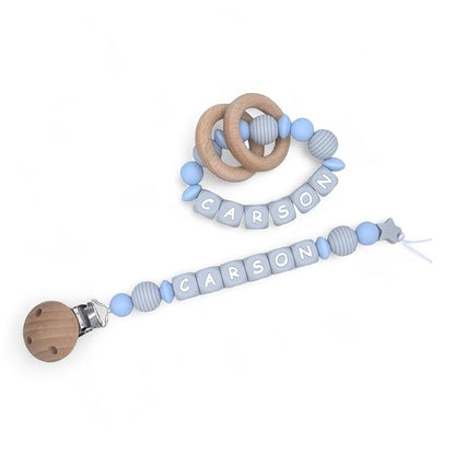 Personalized Baby Pacifier Clips, Rattle Rings & Keychains – Blue Styles | Stylish Baby Accessories, 3rd Party Tested for Safety