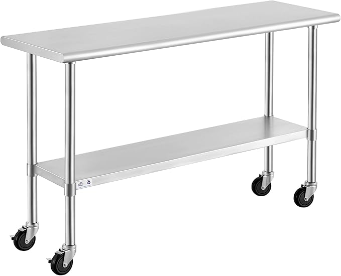 ROCKPOINT Stainless Steel Table for Prep & Work with Caster Wheels 18x60 Inches, NSF Metal Commercial Kitchen Heavy Duty Table with Adjustable Under Shelf and Table Foot for Restaurant, Home and Hotel
