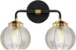 Black Bathroom Vanity Light Fixture Kitchen Sink Sconce Lighting fixtures Over Mirror with 2 Globe Shade Clear Wall Light Modern Ribbed Glass Wall Sconces for Bedroom Living Room
