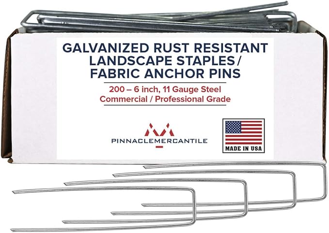 Pinnacle Mercantile USA Made 200 Pack Garden Landscape Staples Weed Barrier Fabric Stakes Galvanized 6 inch Pins Anti Rust Sod Staple 11 Gauge Steel