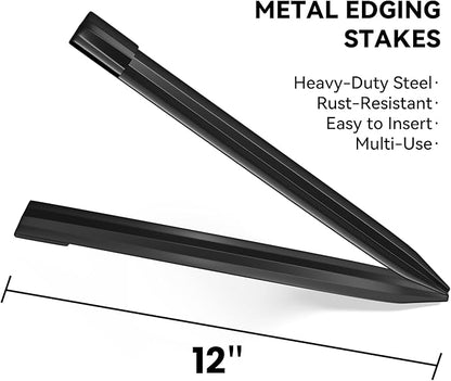 Metal Landscape Edging Stakes, 13Pcs 12Inch Galvanized Steel Garden Stakes Solid Top Curved Anchoring Spikes with Reinforcing Rib, for Corrugated Edge, Terrace Decor, Black