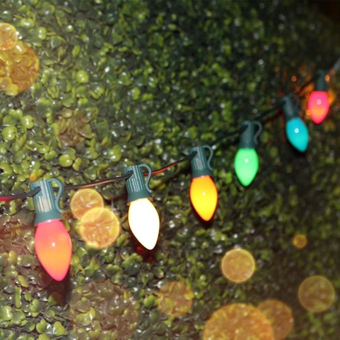 SUNSGNE 25Ft Christmas Lights Outdoor, C7 Vintage Christmas Lights with 27 Multicolor Ceramic Glass Bulbs(2 Spare) for Holidays Patio Garden Party Wedding Decor, Green Wire