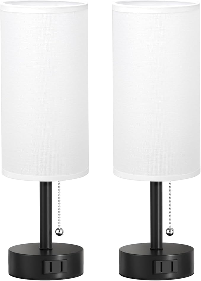 Fenmzee White Bedside Table Lamps Set of 2-3 Color Temperatures Pull Chain Lamp with AC Outlet Charging Port, Round Night Stand Lamps for Bedroom Office, Small Bed Side Light with E26 LED Bulbs