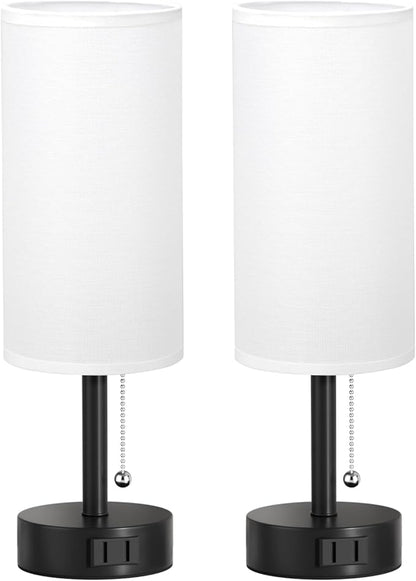 Fenmzee White Bedside Table Lamps Set of 2-3 Color Temperatures Pull Chain Lamp with AC Outlet Charging Port, Round Night Stand Lamps for Bedroom Office, Small Bed Side Light with E26 LED Bulbs