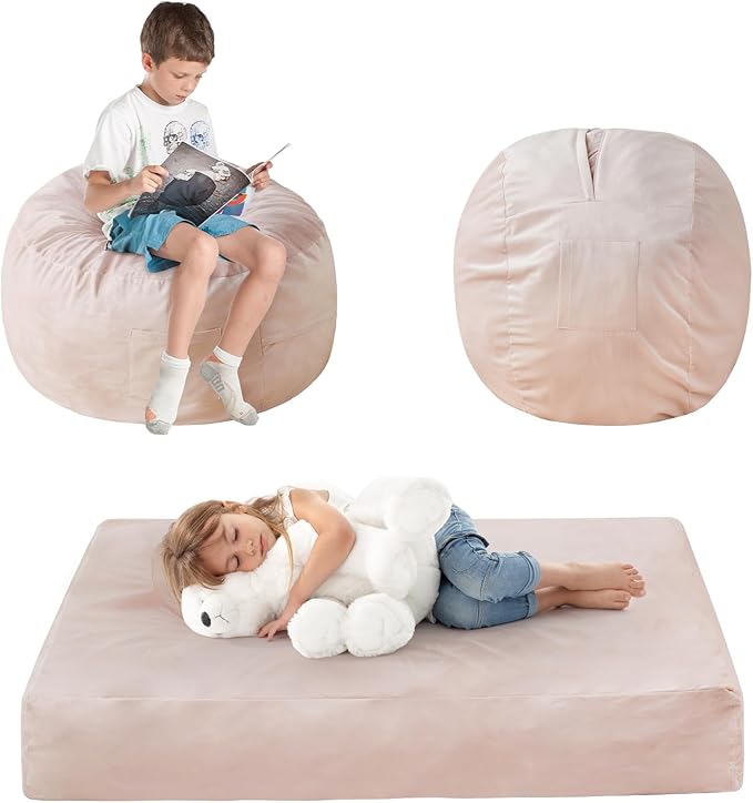 Kids Bean Bag Chair Bed - Convertible Lazy Chair to Floor Mattress with Filler - Small Beanbag Chair for Boys and Girls - Floor Couch Sofa in Bedroom, Classroom, Reading Nook - Pink