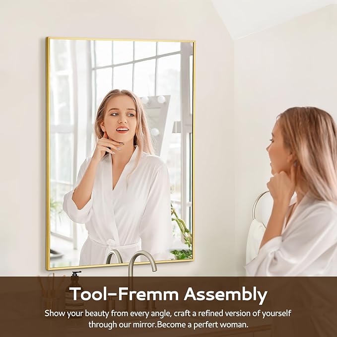 Gold Bathroom Mirror 26"x38", Rectangle Vanity Mirror with Frosted Metal Frame, Tempered Glass Wall Mounted Mirrors, Rust-Resistant for Bathroom, Bedroom & Living Room Decor