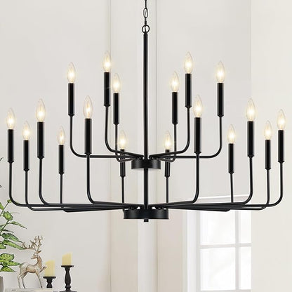 Black Chandeliers for Dining Room Light Fixture Over Table, Modern Farmhouse Chandeliers for Living Room,18-Lights Industrial Metal 2-Tier Candle Lighting Fixtures for Entryway Kitchen Island Foyer
