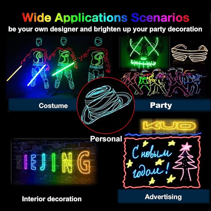 MaxLax EL Wire Blue 5-Pack, 9ft/2.75m Neon Light Wire with Noise Reduction and Battery Pack…