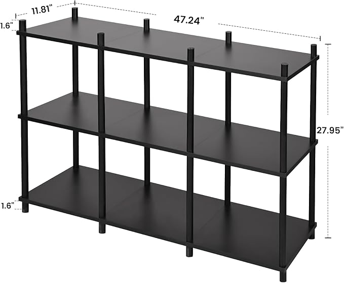 YGYQZ Short Book Shelf - 3 Tier Open Back Long Horizontal Wood Bookcase, 6 Cube Storage Shelf for Office Living Room Bedroom, Modern Black