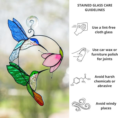 Hummingbird Cardinal Birds Stained Glass Suncatcher Genuine Stained Glass Window Hangings Unique Indoor Ornament & Outdoor Decor (Pair Flying Hums)