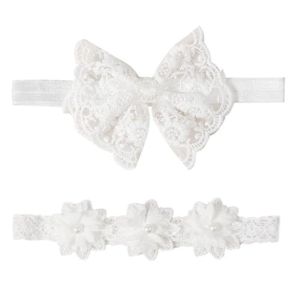 2 Pack 18-20in Elegant White Flower Christening Headbands for Baby Girl, Elastic Soft Lace with Cute Tulle Pearl Hair Strap (White flowers)