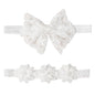 2 Pack 18-20in Elegant White Flower Christening Headbands for Baby Girl, Elastic Soft Lace with Cute Tulle Pearl Hair Strap (White flowers)