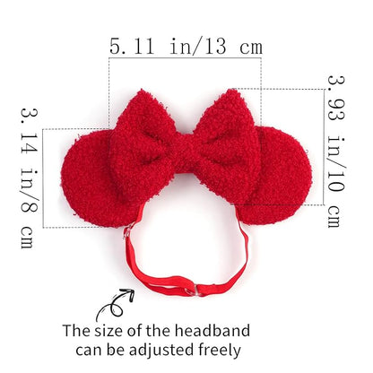 Adjustable Wool Mouse Ears Elastic Headband with Bow, Fluffy Fleece Hair Bow Hairband for Infant Toddlers Baby Girls