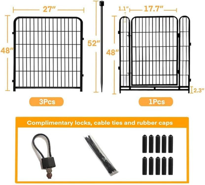 Garden Fence with Gate 48 in(H)×27 in(L) 4 Panels, Heavy Duty Iron Animal Barrier Fence, Rabbit Fence for Garden, Suitable for Indoor Pet Or Outdoor Dog Fencing, Total 8.9 Ft(L), Black