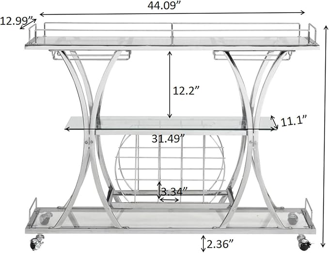 Silver Bar Carts with Glass Holders & Wine Rack,3 Tier Home Bar Serving Carts with Glass Shelves,Metal Rolling Bar Carts for The Home Kitchen, Party