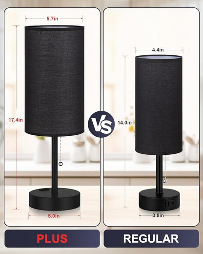 Fenmzee Large Black Bedside Lamps Set of 2-3 Color Temperatures Pull Chain Lamp with AC Outlet Charging Port, Two Round Night Stand Lamps for Bedroom Guest Room Office, Bed Side Light