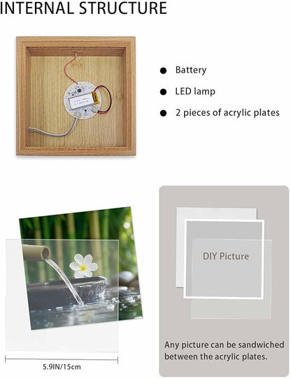 Wood Night Light Box 6.5x6.5in,Zen Meditation Plumeria Flower Table Lights Wooden Picture Frame with USB Rechargeable Touch LED Lights for Home Decor Desktop Display,Flowing Water Forest