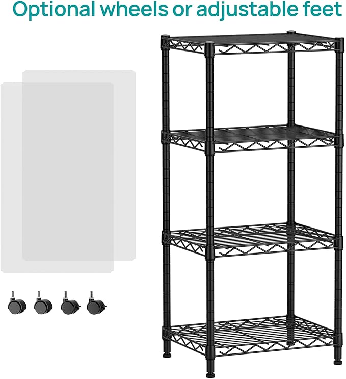 SINGAYE 4 Small Shelves Storage Shelf Wire Shelving Unit Metal Shelf Adjustable Organizers Storage Shelving with Wheels for Bathroom Laundry Room Kitchen Pantry11.5”D x 17.3”W x 44.5”H Black