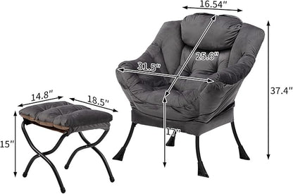 HollyHOME Fabric Lazy Chair with Foldable Ottoman, Accent Comfy Lounge Arm Chair and Folding Footrest Stool Set, Leisure Sofa Reading Chair and Footstool for Living Room, Bedroom, Dorm, Smoky Grey