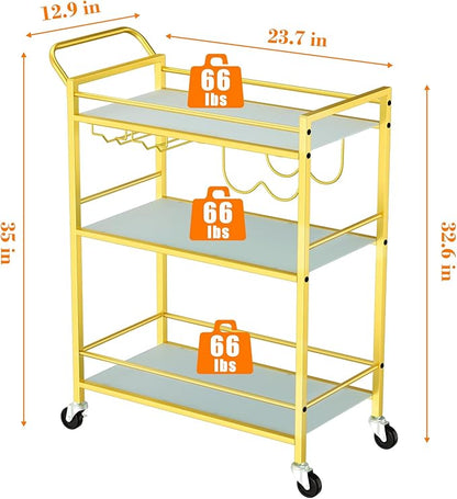 Gold Bar Cart, Serving Cart for Home, Rolling Beverage Cart with Wheels, Wine Cart, 3-Tier Drink Carts with Wine Rack, Glass Holder, Stylish Glass Shelf, for Kitchen, Living Room