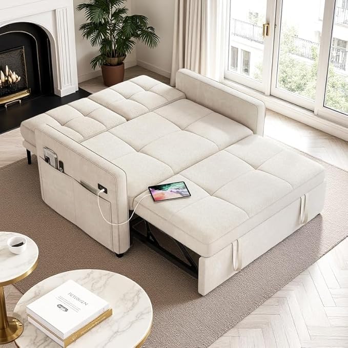 DWVO 55" Convertible Sofa Bed, 3-in-1 Sleeper Sofa with Pull-Out Couch, Velvet Futon Couch with Adjustable Backrest and USB, Modern Loveseat for Living Room Apartment, Light Beige