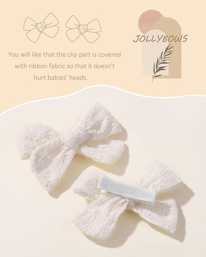 Jollybows 2pcs 3.2" Hair Bows Clips for Baby Girl Toddler Pigtail Neutral Linen Hair Clip Bows -White Eyelet