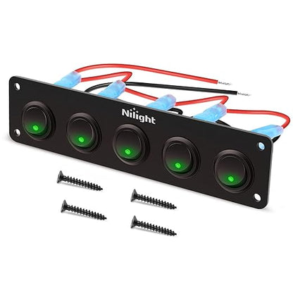 Nilight 5 Gang 3 Pin Rocker Switch Panel 20A Waterproof On Off 12V Green Toggle for Cars Trucks Boats