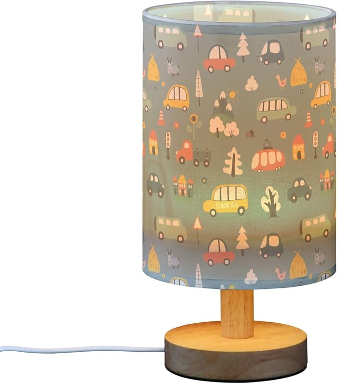 Table Lamp Cute Cars Pattern Cartoon Transportation Doodle Nightstand Lamp with Wood Base Fabric Lamp Shade Bedside Desk Lamp for Living Room Bedroom Kids Room Office