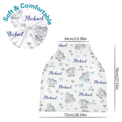 Personalized Cute Elephant Baby Car Seat Covers with Name, Custom Multiuse Nursing Breastfeeding Car seat Canopy, Infant Stroller Covers for Newborn Girl Boy, Ultra-Soft Breathable, Nursing Scarf