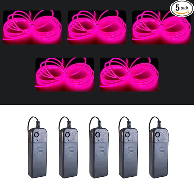 MaxLax EL Wire Pink 5-Pack, 9ft/2.75m Neon Light Wire with Noise Reduction and Battery Pack…
