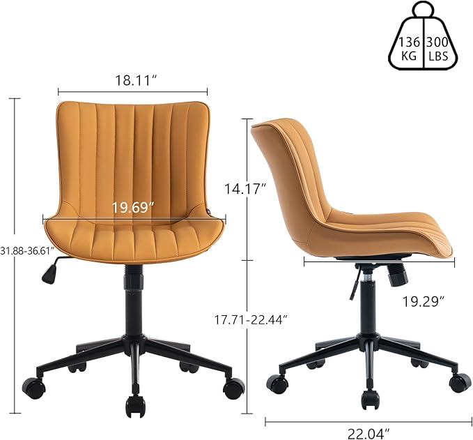 YOUNIKE Ergonomic Home Office Desk Chair with Wheels Comfy Armless Criss Cross Chair with Back Adjustable Height Modern Leather Upholstered Swivel Vanity Chair Small Cute Rolling Task Chair Tan