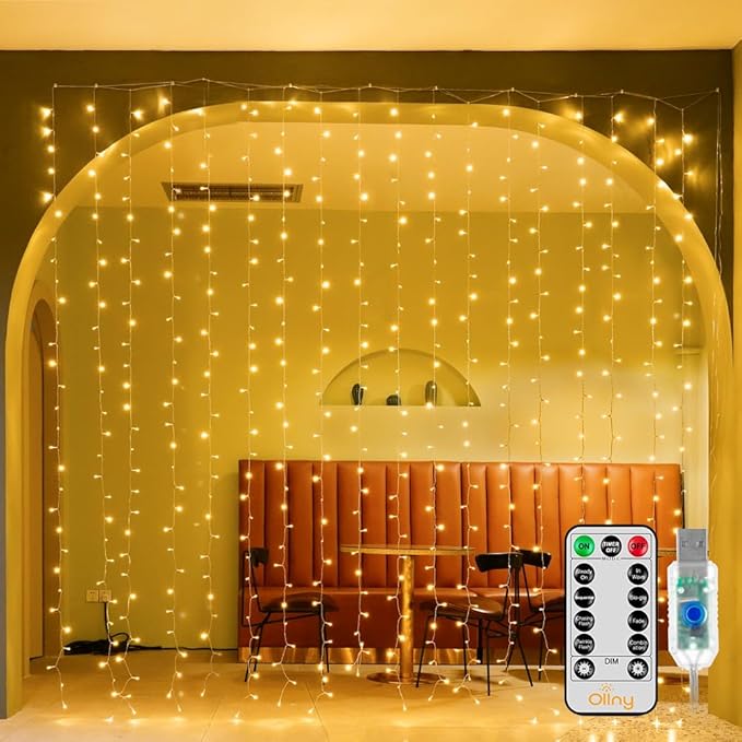 Ollny Christmas Curtain Lights 300 LED 9.8 FTx9.8 FT, Outdoor Waterproof Curtain String Lights with Remote Timer 8 Modes, USB Waterfall Window Lights for Wall Backdrop Home Decorations (Warm White)