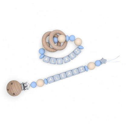 Personalized Baby Pacifier Clips, Rattle Rings & Keychains – Blue Styles | Stylish Baby Accessories, 3rd Party Tested for Safety