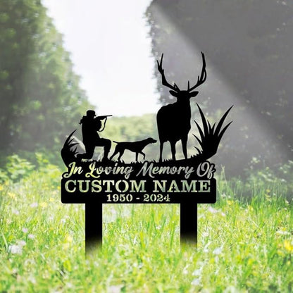 Custom Deer Dog Memorial Metal Stake – Personalized Hunting Grave Marker, Deer Forest Garden Stake, Yard Outdoor Decor (Deer Hunter Memorial)