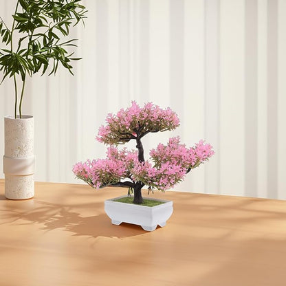 Pink Faux Bonsai Tree Simulated Small Plastic Desk Plant for Home Decor Mini Artificial Bonsai Plant for Living Room and Office Decoration