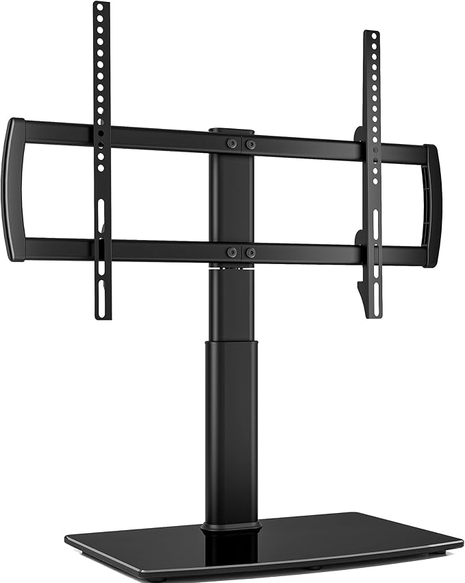 Universal Swivel TV Stand/Base Table Top TV Stand 32 to 65 inch TVs 80 Degree Swivel, 4 Level Height Adjustable, Heavy Duty Tempered Glass Base, Holds up to 88lbs Screens, HT04B-002