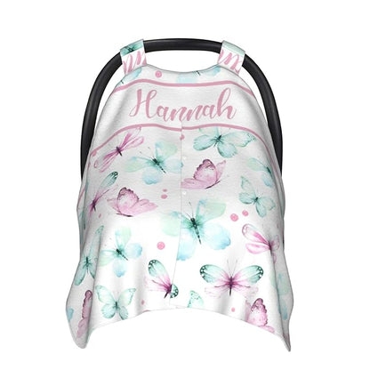 Custom Baby Car Seat Canopy for Babies with Name, Personalized Stroller Car Seat Covers for Girls, Butterfly Minky Nursing Carseat Cover for Breastfeeding, Car Seat Canopies for Newborn