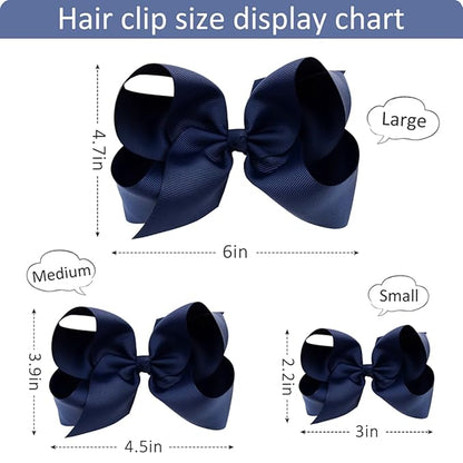 Hair Bows for Girls Alligator Clips Navy Blue Grosgrain Ribbon Solid Color Hair Accessories for Little Teen Toddler Girls Kids (6inch ×2, 4inch ×2, 3inch ×2)