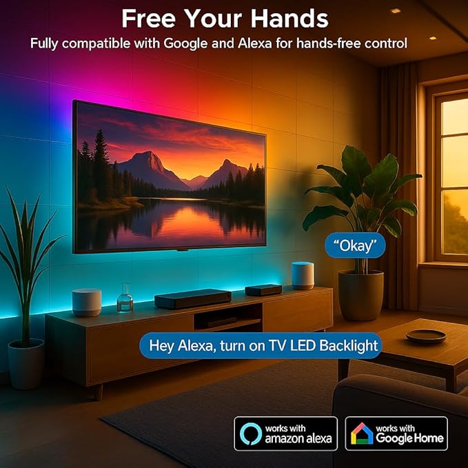 Smart TV LED Backlight, Flowing Color Changing TV Light Strip, 16.4ft TV Lights Behind 55-70in Monitor, Works with Alexa and Google, Music Sync, WiFi and App Control, LED Lights for Gaming Room Decor