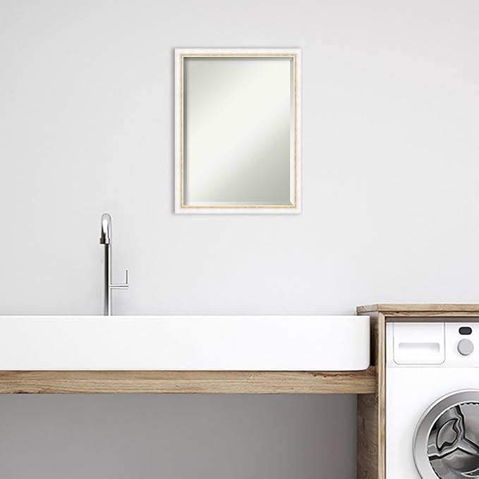 Amanti Art White Bathroom Mirror for Over Sink, 26x20 Morgan White Gold Rectangle Vanity Mirror, Medium Modern Contemporary Wood Frame, Hangs Horizonally and Vertically, Bathroom Wall Decor, Beveled