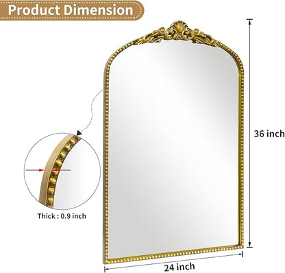 G-LEAF Vintage Baroque Mirror 24"X36", Arched Mantel Victorian Antique Farmhouse Mirror with Black Brush Gold Ornate Metal Frame for Fireplace Entryway Living Room Hallway Bathroom