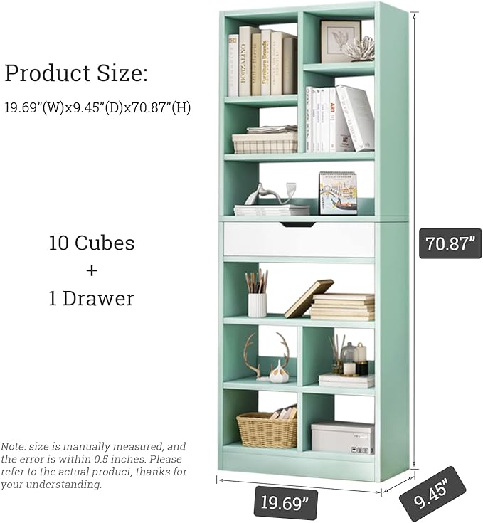 IOTXY Wooden Open Shelf Bookcase - 71 Inches Tall Freestanding Display Storage Cabinet Organizer with 10 Cubes and a Drawer, Floor Standing Bookshelf in Tiffany-Green