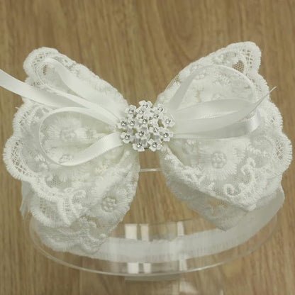 White Baby Bow Headband for Baptism Christening Satin Lace Hair Band with Cross for Toddler (Embroidery Lace white bow with pearl-5, 6 months-2 years old)
