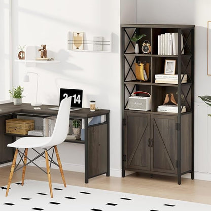 FATORRI Industrial Tall Bookshelf, Rustic Bookcase with Doors, 6 Cube Storage Organizer with Shelf for Living Room, Wood and Metal Book Shelf for Home Office (Walnut Brown)