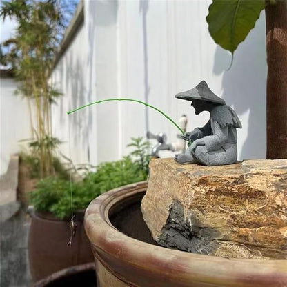 livelyfish Mini Fisherman Statue Asian Zen Decoration Sitting Fishing Figurines Sandstone Vintage Ornament for Aquarium Fish Tank Pot Garden Home Japanese Decor, C