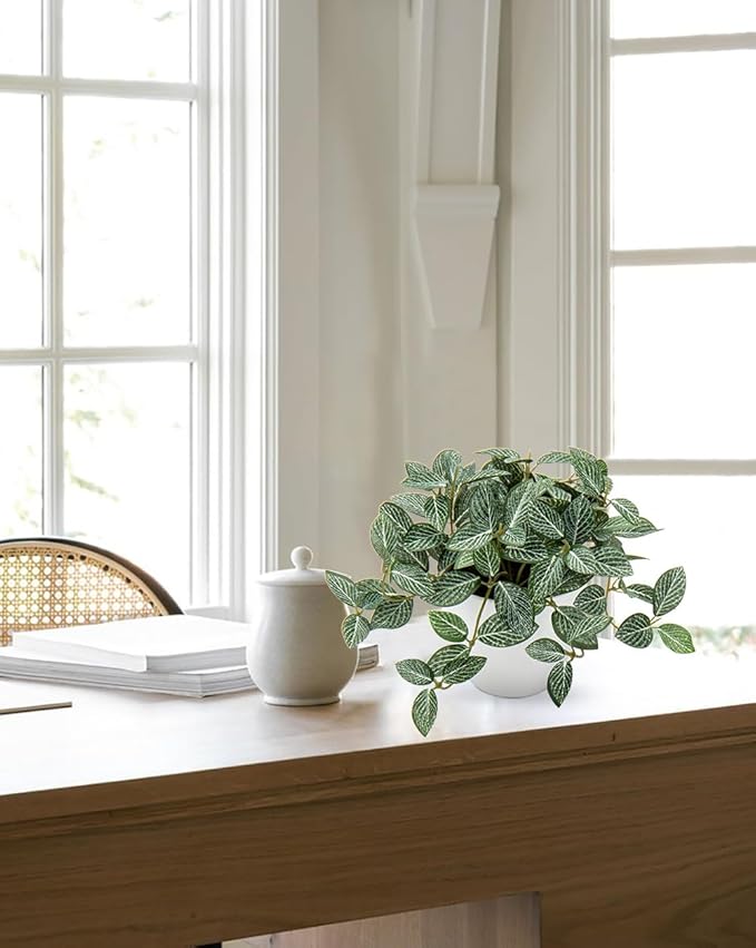 Hollyone Fake Plants 2 Packs Artificial Plants Indoor Faux Plants with White Plastic Pot Small Fake Potted Plant for Home Aesthetic Living Room Bathroom Desk Shelf Office Decor